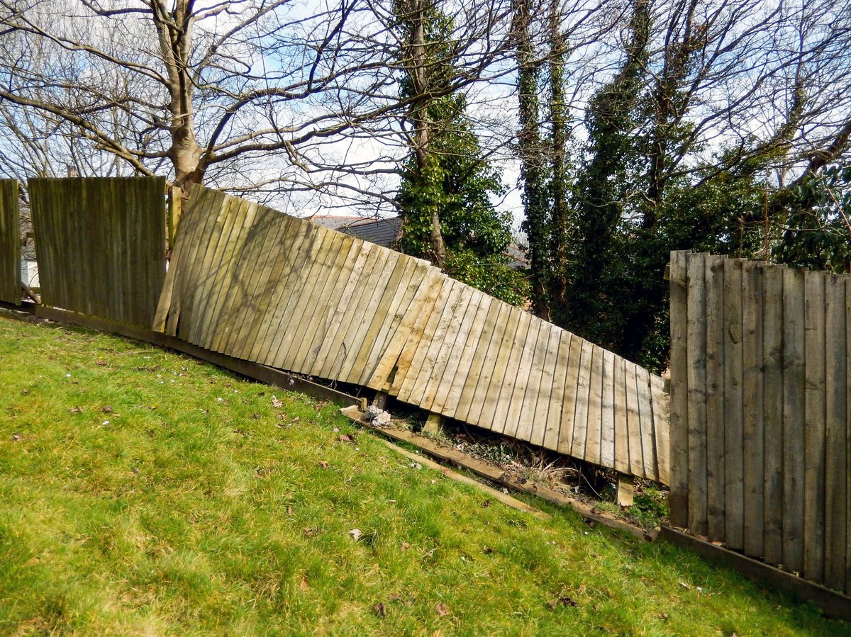 Wooden fence surrounding a garden blown down by strong winds of a storm. No people.