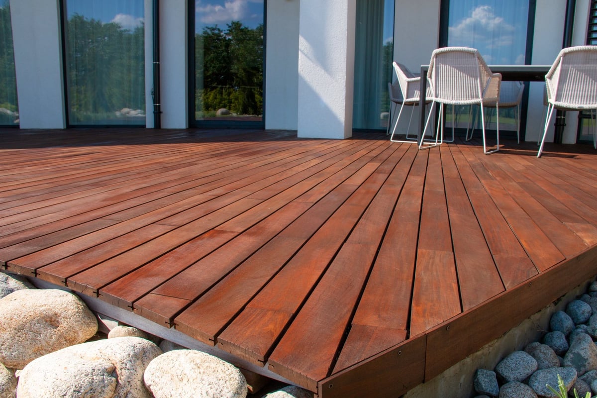 Wood deck modern house design with wooden patio