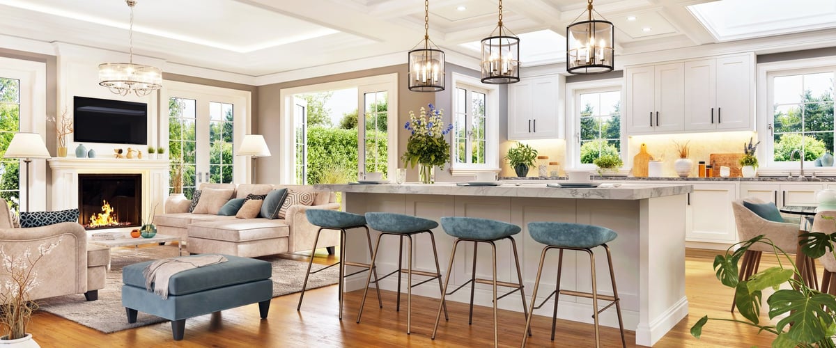 Luxurious living room interior design with fireplace and white kitchen