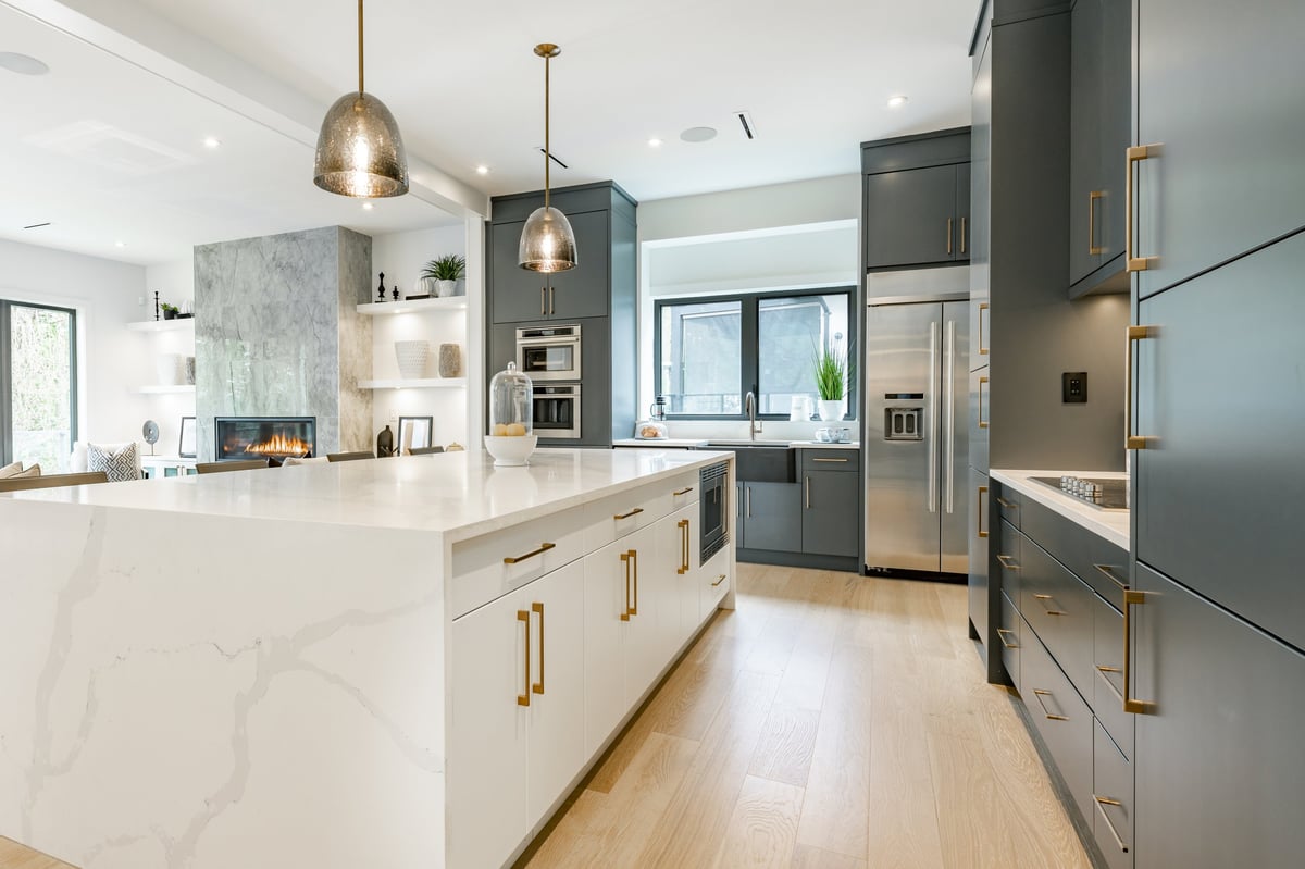 This is a modern contemporary home of new construction. House is decorated professionally and staged for real estate sale.