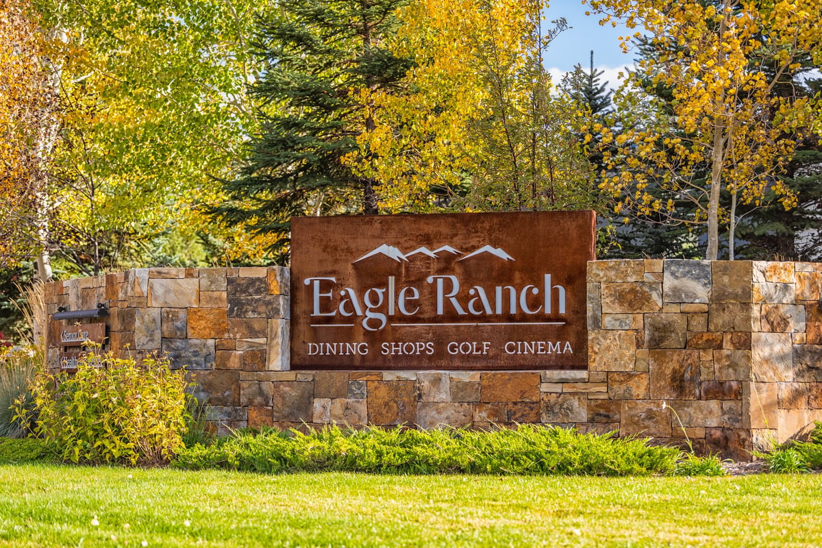 Eagle, USA - October 11, 2022: Welcome to town of Eagle Ranch community in county sign view from highway in rocky mountains fall season and nobody