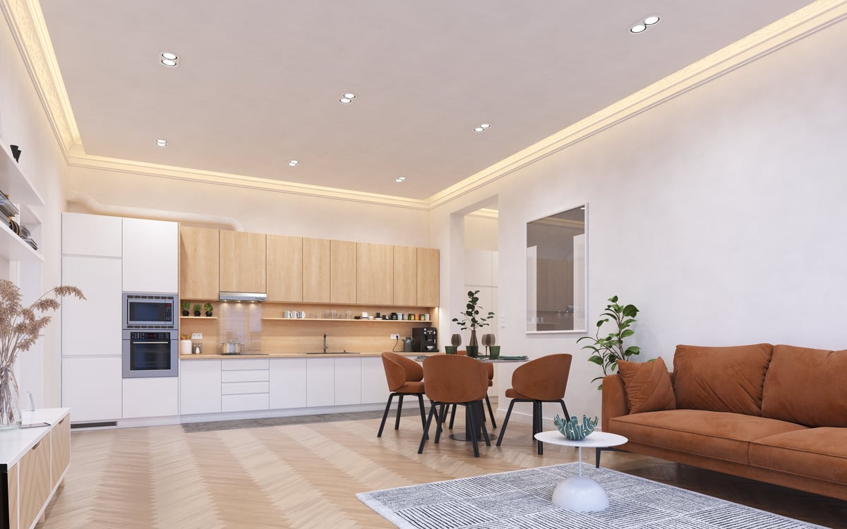 Modern kitchen-dining area with orange chairs and wooden cabinets.. 3d render