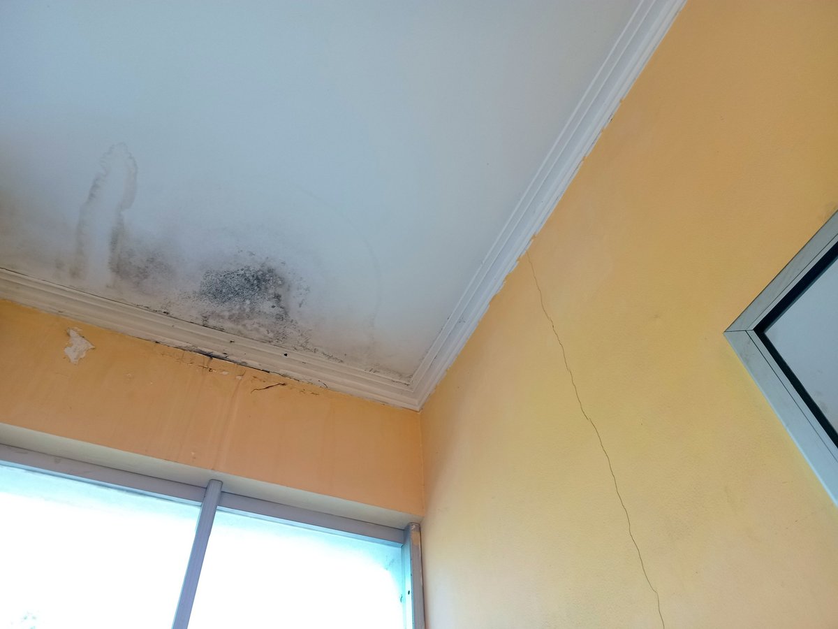 An interior wall showing significant damage caused by moisture and water seepage
