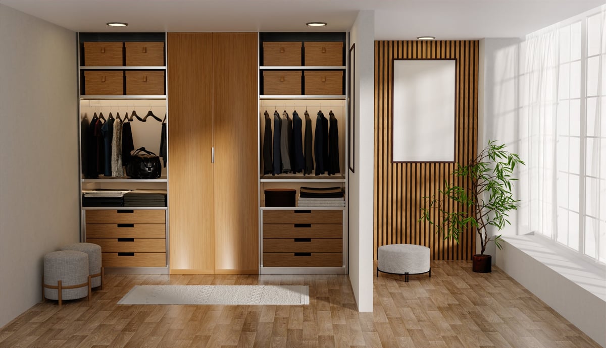 Contemporary wellness closet design with natural light and wood elements