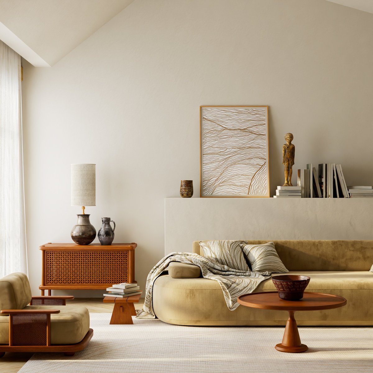Warm beige Japandi interior design featuring wooden furniture