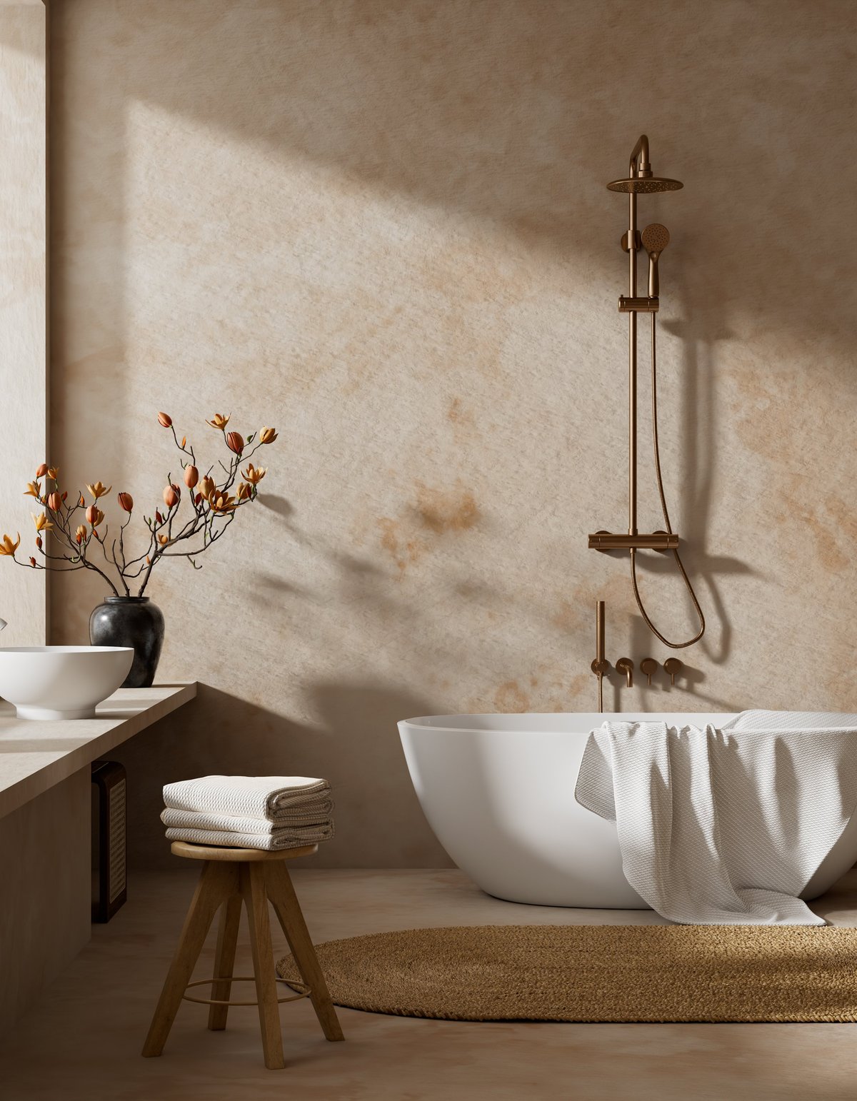 Luxury bathroom interior design featuring freestanding bathtub, natural stone textures, modern spa atmosphere, warm neutral colors and minimalist japandi inspired styling. 3D illustration.