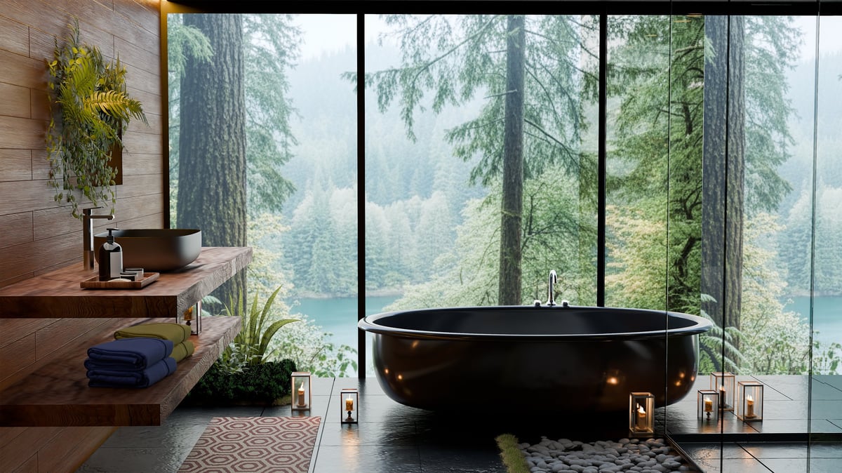 Luxury spa bathroom interior with black freestanding bathtub, wood details, candles, and panoramic forest view through large windows 3D render