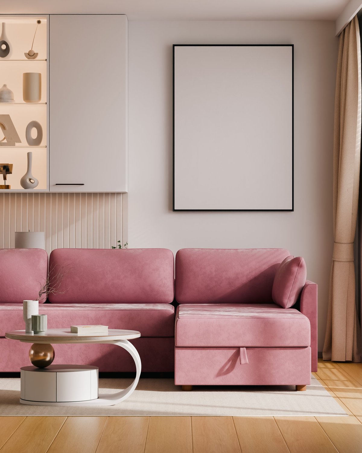 Blank poster frame mockup in modern living room interior with stylish pink velvet sofa and elegant decor- 3D rendering