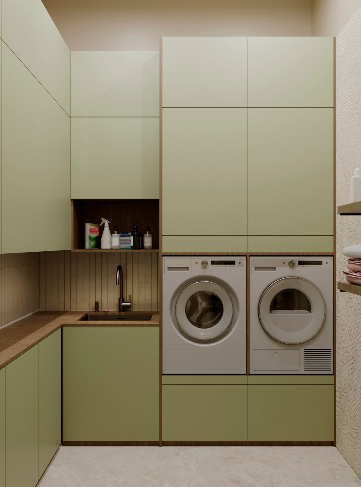 3D visualization of the interior of a laundry room with a washing machine and dryer.