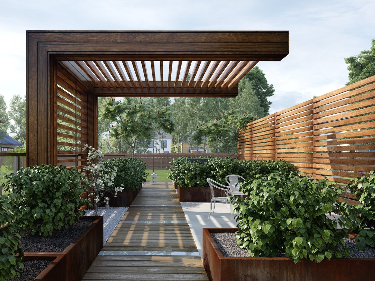 A modern outdoor terrace featuring a wooden pergola, a plank walkway, and corten steel planters filled with green bushes.