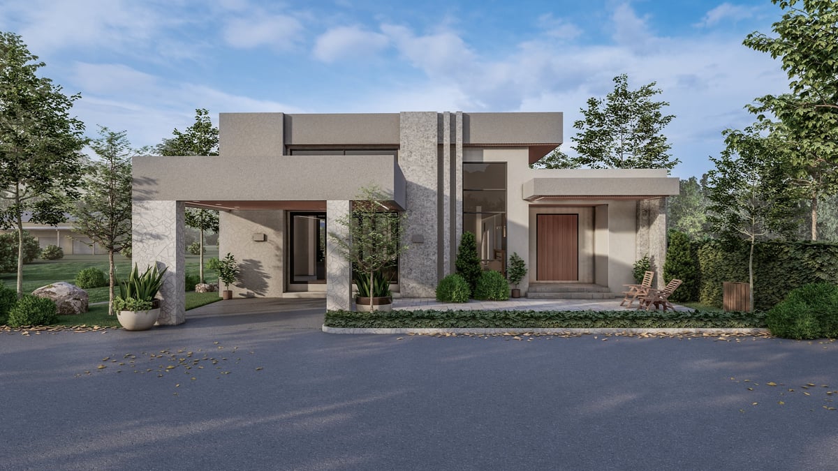 Modern house design with beautiful landscaping and elegant entrance.