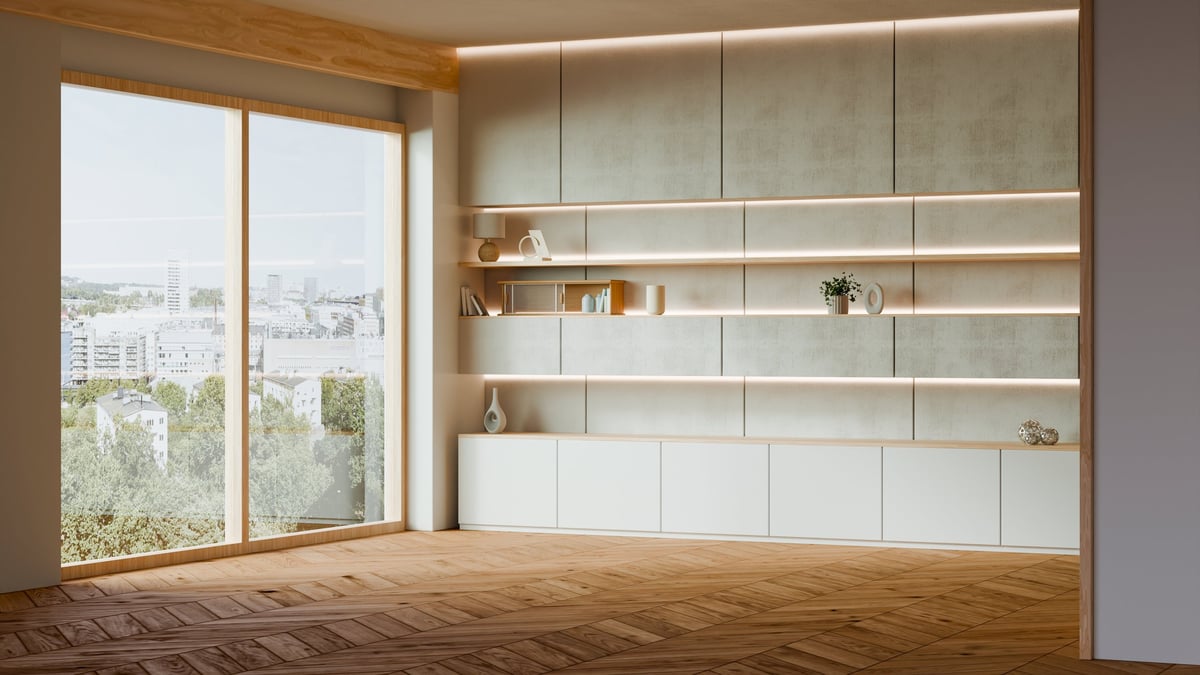 Contemporary empty living room interior background with built-in wooden shelves, LED lighting, herringbone floor, and large window overlooking city- 3D rendering